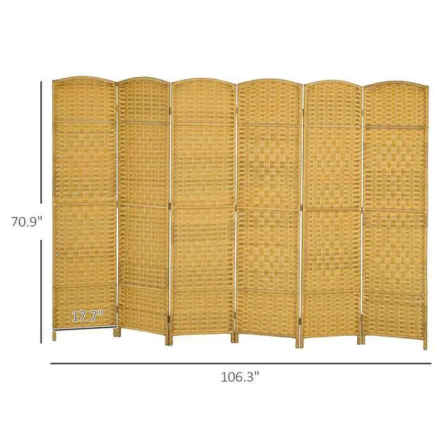 Alt view image 7 of 7 - 6 Panel Room Divider, 6' Tall Folding Privacy Screen, Hand-Woven Freestanding Wall Partition for Home Office, Bedroom, Nature Wood