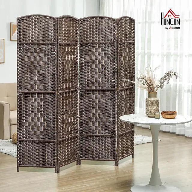 Alt view image 2 of 7 - 4 Panel Room Divider 6 Ft Privacy Screen Hand-Woven Brown | Folding PP Wall Partition, Pine Wood Frame, Freestanding Room Separator, Bedroom Home Office, No Assembly