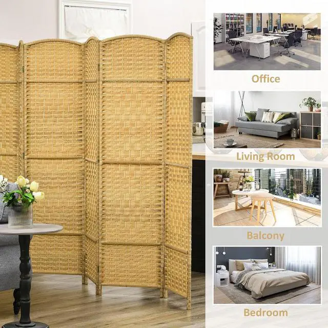 Alt view image 6 of 7 - 6 Panel Room Divider, 6' Tall Folding Privacy Screen, Hand-Woven Freestanding Wall Partition for Home Office, Bedroom, Nature Wood