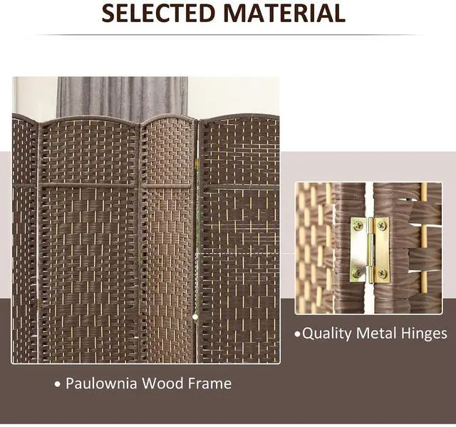 Alt view image 5 of 7 - 4 Panel Room Divider 6 Ft Privacy Screen Hand-Woven Brown | Folding PP Wall Partition, Pine Wood Frame, Freestanding Room Separator, Bedroom Home Office, No Assembly