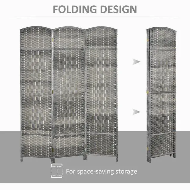 Alt view image 3 of 7 - 3 Panel Room Divider 6 Ft Privacy Screen Hand-Woven Mixed Gray | Folding PP Wall Partition, Pine Wood Frame, Freestanding Room Separator, Bedroom Home Office, No Assembly