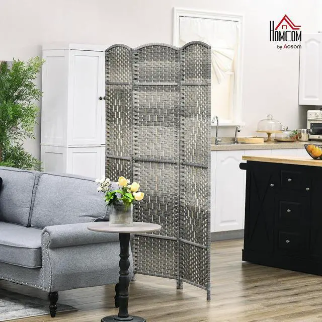 Alt view image 2 of 7 - 3 Panel Room Divider 6 Ft Privacy Screen Hand-Woven Mixed Gray | Folding PP Wall Partition, Pine Wood Frame, Freestanding Room Separator, Bedroom Home Office, No Assembly