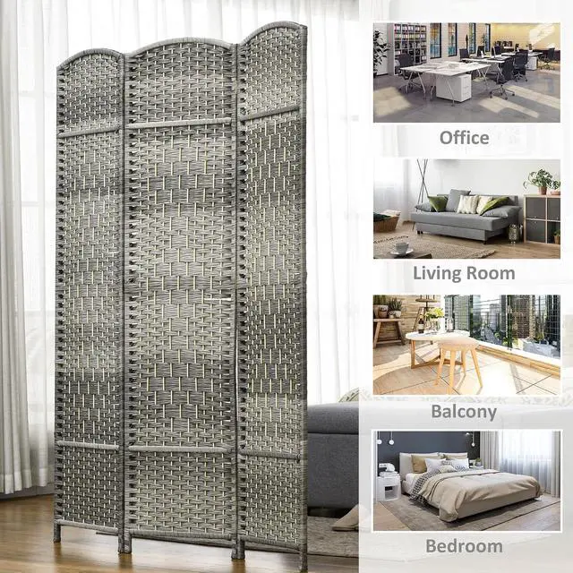 Alt view image 6 of 7 - 3 Panel Room Divider 6 Ft Privacy Screen Hand-Woven Mixed Gray | Folding PP Wall Partition, Pine Wood Frame, Freestanding Room Separator, Bedroom Home Office, No Assembly