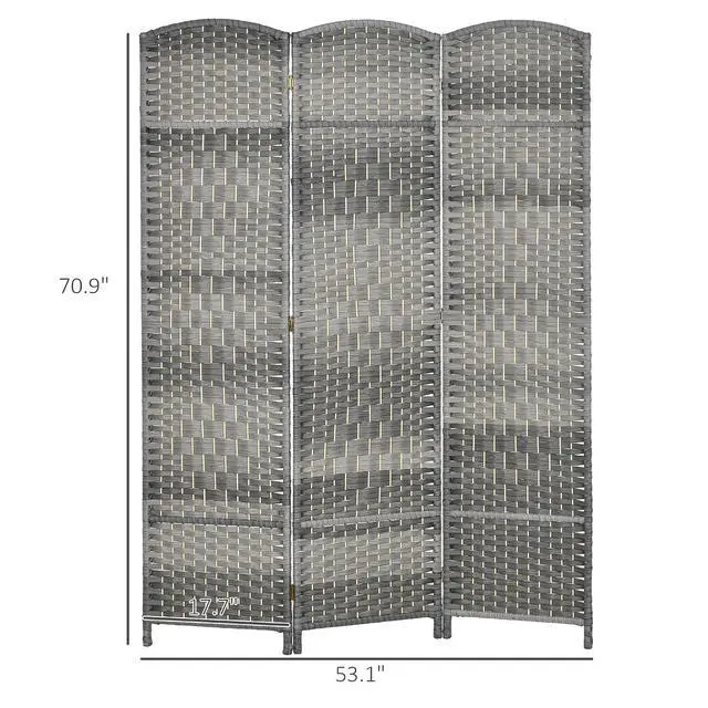 Alt view image 7 of 7 - 3 Panel Room Divider 6 Ft Privacy Screen Hand-Woven Mixed Gray | Folding PP Wall Partition, Pine Wood Frame, Freestanding Room Separator, Bedroom Home Office, No Assembly