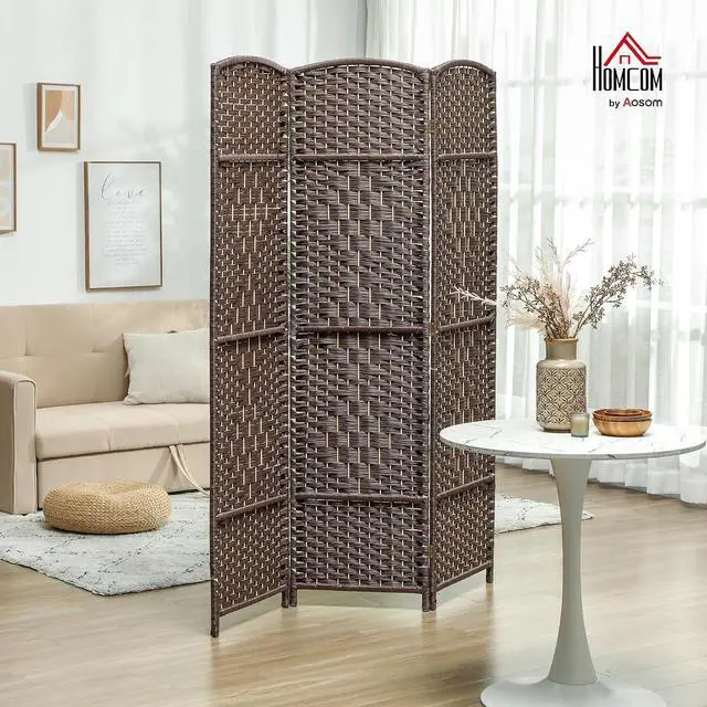 Alt view image 2 of 7 - 3 Panel Room Divider 6 Ft Privacy Screen Hand-Woven Brown | Folding PP Wall Partition, Pine Wood Frame, Freestanding Room Separator, Bedroom Home Office, No Assembly