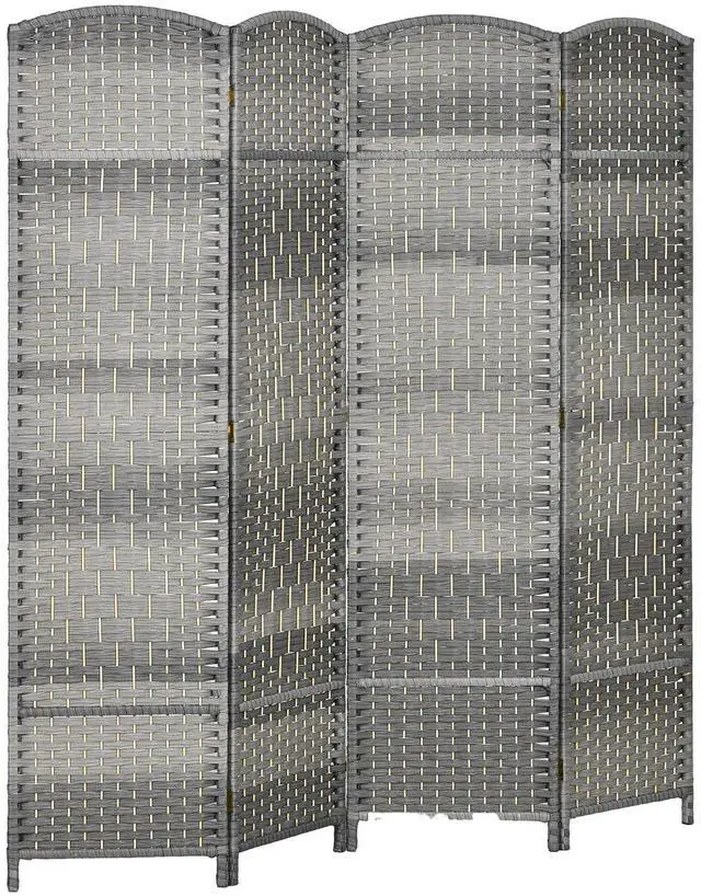 Main image of 4 Panel Room Divider 6 Ft Privacy Screen Hand-Woven Mixed Gray | Folding PP Wall Partition, Pine Wood Frame, Freestanding Room Separator, Bedroom Home Office, No Assembly