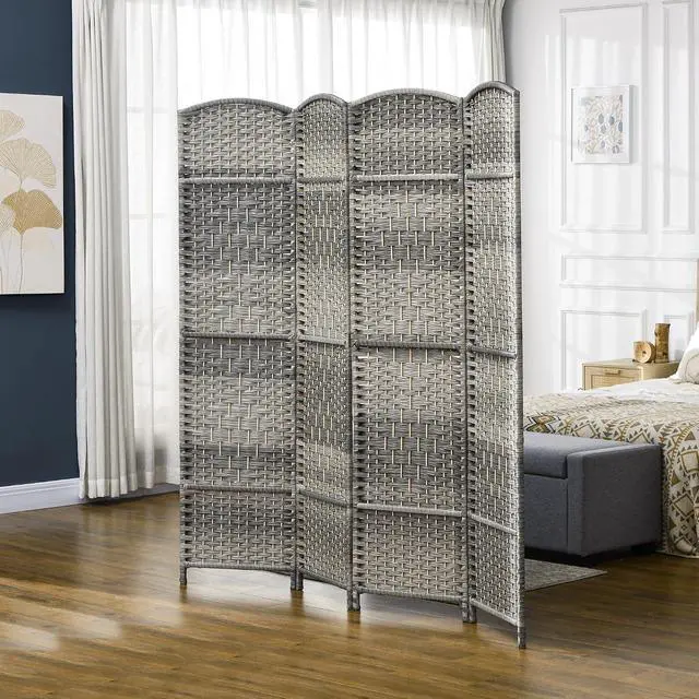 Alt view image 2 of 7 - 4 Panel Room Divider 6 Ft Privacy Screen Hand-Woven Mixed Gray | Folding PP Wall Partition, Pine Wood Frame, Freestanding Room Separator, Bedroom Home Office, No Assembly