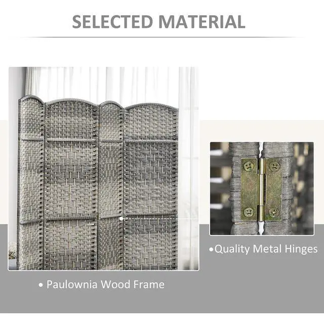 Alt view image 5 of 7 - 4 Panel Room Divider 6 Ft Privacy Screen Hand-Woven Mixed Gray | Folding PP Wall Partition, Pine Wood Frame, Freestanding Room Separator, Bedroom Home Office, No Assembly