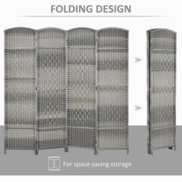 Alt view image 3 of 7 - 4 Panel Room Divider 6 Ft Privacy Screen Hand-Woven Mixed Gray | Folding PP Wall Partition, Pine Wood Frame, Freestanding Room Separator, Bedroom Home Office, No Assembly