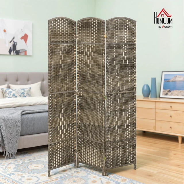 Alt view image 2 of 7 - 3 Panel Room Divider 6 Ft Privacy Screen Hand-Woven Dark Rustic Oak | Folding PP Wall Partition, Pine Wood Frame, Freestanding Room Separator, Bedroom Home Office, No Assembly
