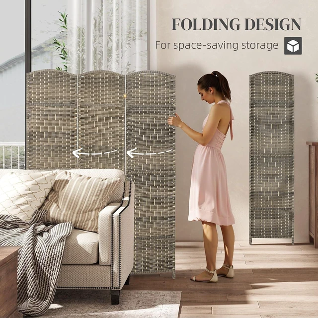 Alt view image 3 of 7 - 3 Panel Room Divider 6 Ft Privacy Screen Hand-Woven Dark Rustic Oak | Folding PP Wall Partition, Pine Wood Frame, Freestanding Room Separator, Bedroom Home Office, No Assembly