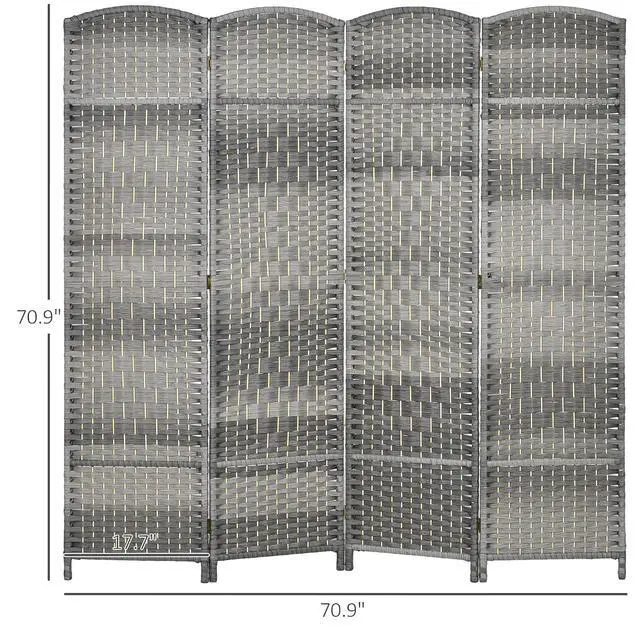 Alt view image 7 of 7 - 4 Panel Room Divider 6 Ft Privacy Screen Hand-Woven Mixed Gray | Folding PP Wall Partition, Pine Wood Frame, Freestanding Room Separator, Bedroom Home Office, No Assembly