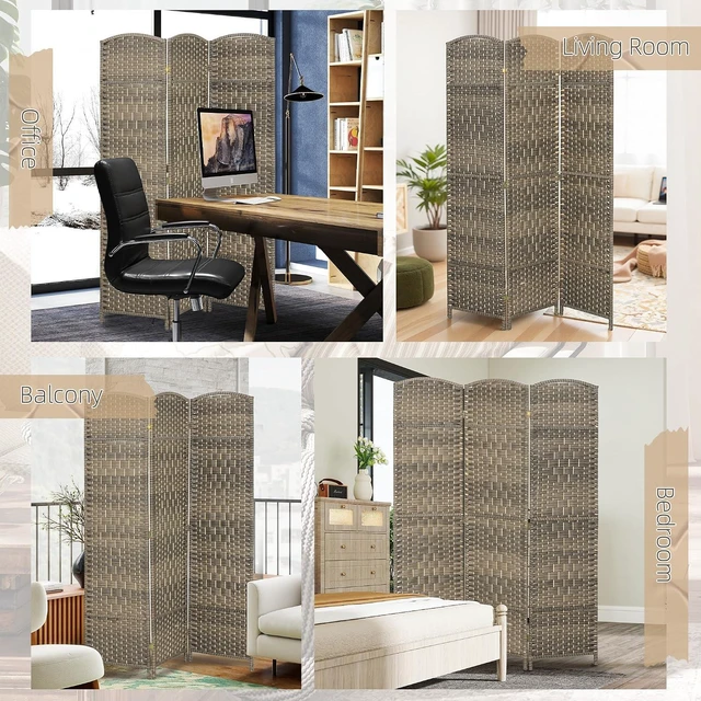 Alt view image 6 of 7 - 3 Panel Room Divider 6 Ft Privacy Screen Hand-Woven Dark Rustic Oak | Folding PP Wall Partition, Pine Wood Frame, Freestanding Room Separator, Bedroom Home Office, No Assembly