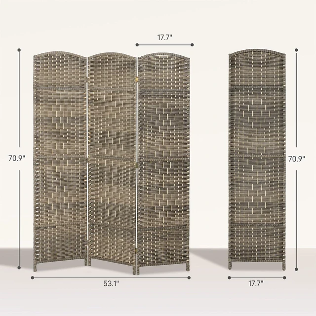 Alt view image 7 of 7 - 3 Panel Room Divider 6 Ft Privacy Screen Hand-Woven Dark Rustic Oak | Folding PP Wall Partition, Pine Wood Frame, Freestanding Room Separator, Bedroom Home Office, No Assembly