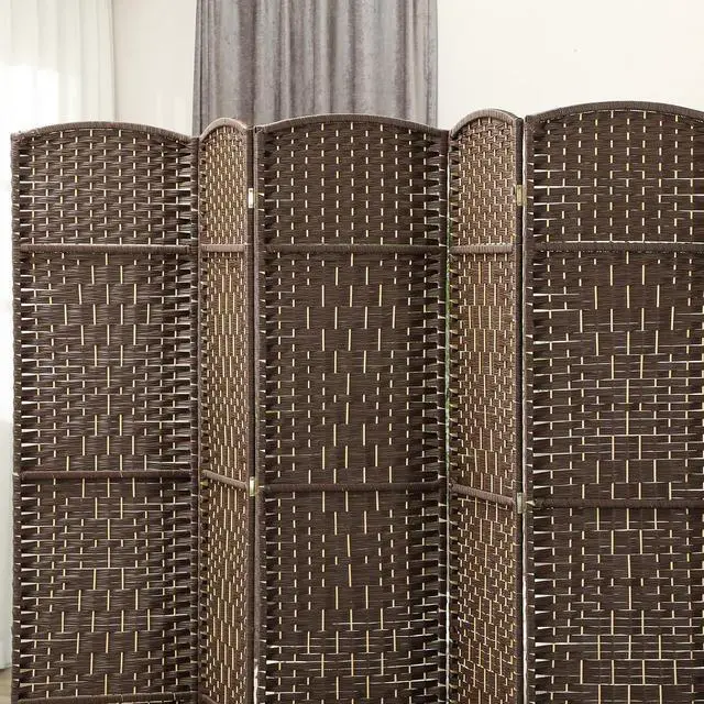 Alt view image 6 of 7 - 6 Panel Room Divider 6 Ft Privacy Screen Hand-Woven Brown | Folding PP Wall Partition, Pine Wood Frame, Freestanding Room Separator, Bedroom Home Office, No Assembly
