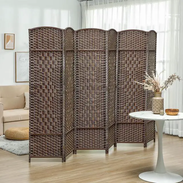 Alt view image 2 of 7 - 6 Panel Room Divider 6 Ft Privacy Screen Hand-Woven Brown | Folding PP Wall Partition, Pine Wood Frame, Freestanding Room Separator, Bedroom Home Office, No Assembly