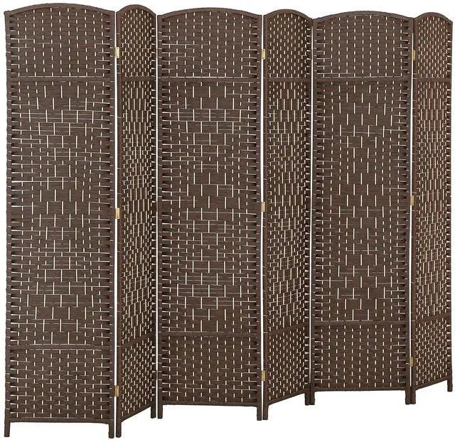 Main image of 6 Panel Room Divider 6 Ft Privacy Screen Hand-Woven Brown | Folding PP Wall Partition, Pine Wood Frame, Freestanding Room Separator, Bedroom Home Office, No Assembly