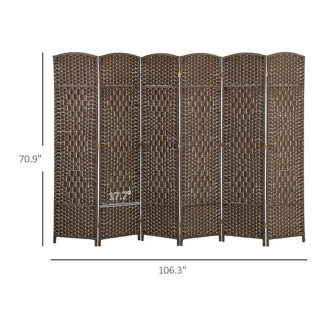 Alt view image 7 of 7 - 6 Panel Room Divider 6 Ft Privacy Screen Hand-Woven Brown | Folding PP Wall Partition, Pine Wood Frame, Freestanding Room Separator, Bedroom Home Office, No Assembly