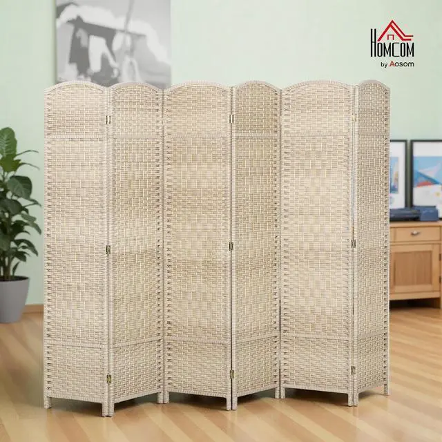 Alt view image 2 of 7 - 6 Panel Room Divider 6 Ft Privacy Screen Hand-Woven Washed Oak | Folding PP Wall Partition, Pine Wood Frame, Freestanding Room Separator, Bedroom Home Office, No Assembly
