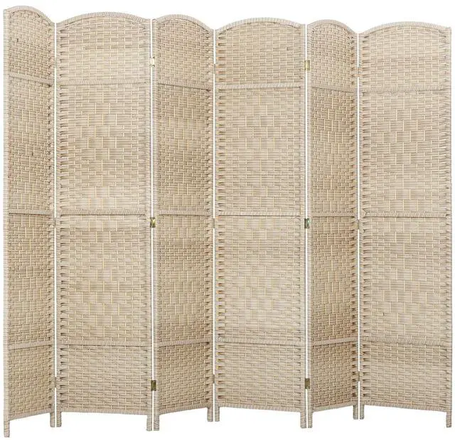 Main image of 6 Panel Room Divider 6 Ft Privacy Screen Hand-Woven Washed Oak | Folding PP Wall Partition, Pine Wood Frame, Freestanding Room Separator, Bedroom Home Office, No Assembly