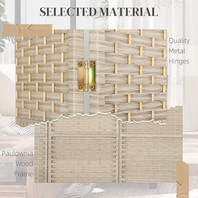 Alt view image 5 of 7 - 6 Panel Room Divider 6 Ft Privacy Screen Hand-Woven Washed Oak | Folding PP Wall Partition, Pine Wood Frame, Freestanding Room Separator, Bedroom Home Office, No Assembly