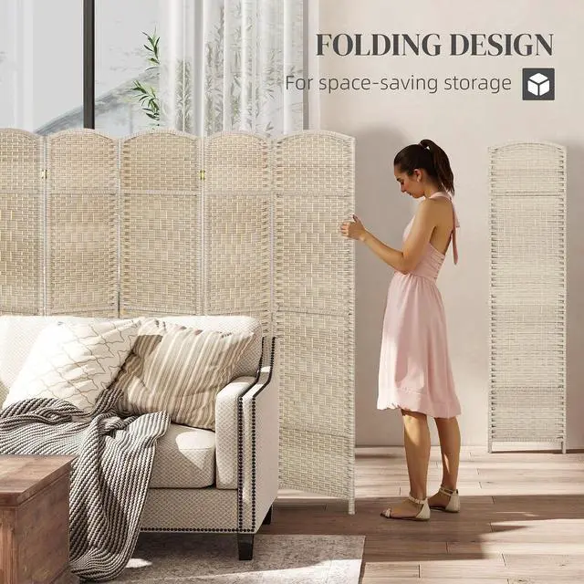 Alt view image 3 of 7 - 6 Panel Room Divider 6 Ft Privacy Screen Hand-Woven Washed Oak | Folding PP Wall Partition, Pine Wood Frame, Freestanding Room Separator, Bedroom Home Office, No Assembly