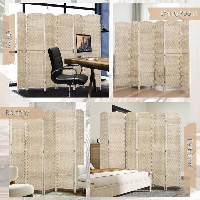 Alt view image 6 of 7 - 6 Panel Room Divider 6 Ft Privacy Screen Hand-Woven Washed Oak | Folding PP Wall Partition, Pine Wood Frame, Freestanding Room Separator, Bedroom Home Office, No Assembly