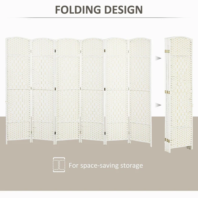 Alt view image 3 of 7 - Room Divider Freestanding 6 Ft 6 Panel Folding Privacy Screen White | Folding PP Wall Partition, Pine Wood Frame, Freestanding Room Separator, Bedroom Home Office, No Assembly