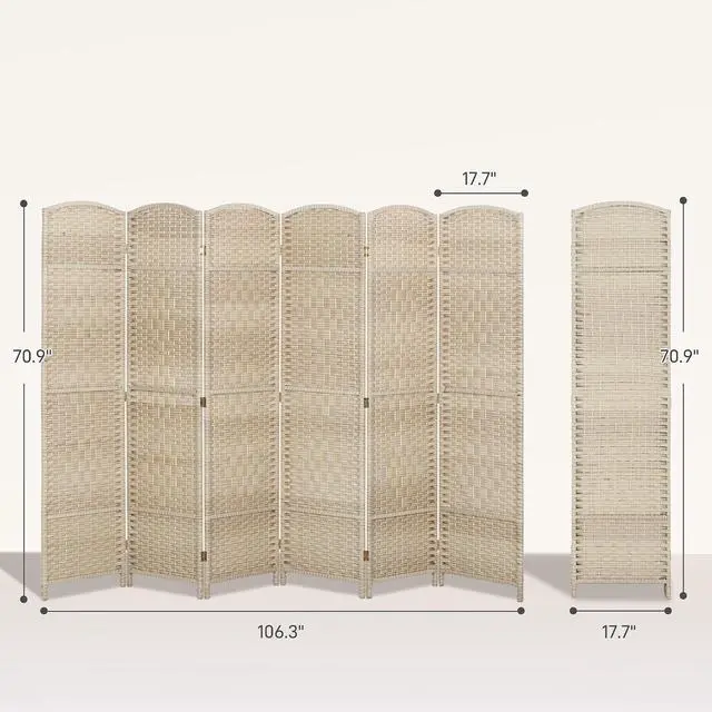 Alt view image 7 of 7 - 6 Panel Room Divider 6 Ft Privacy Screen Hand-Woven Washed Oak | Folding PP Wall Partition, Pine Wood Frame, Freestanding Room Separator, Bedroom Home Office, No Assembly