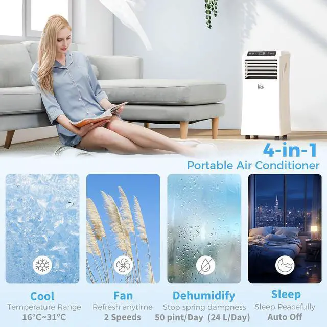 Alt view image 3 of 7 - 8000 BTU Portable Air Conditioner for Rooms Up to 344 Sq. Ft. White | 4-in-1 AC Unit, Cooling Fan, Dehumidifier, Sleep Mode, Remote Control, 24H Timer, Window Installation Kit