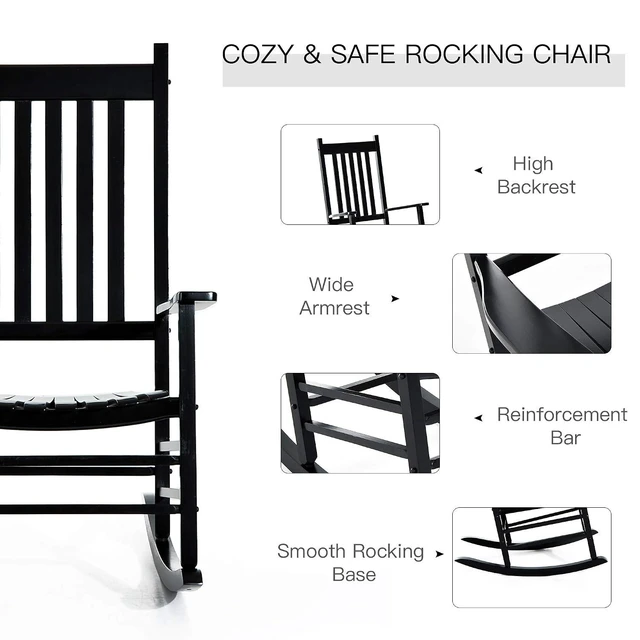 Alt view image 4 of 7 - Outdoor Rocking Chair High Density Wooden Rockers Black | Patio Rocking Chair, Smooth Curves, for Lawn Garden Porch, Supports Up to 350lbs