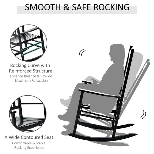 Alt view image 5 of 7 - Outdoor Rocking Chair High Density Wooden Rockers Black | Patio Rocking Chair, Smooth Curves, for Lawn Garden Porch, Supports Up to 350lbs