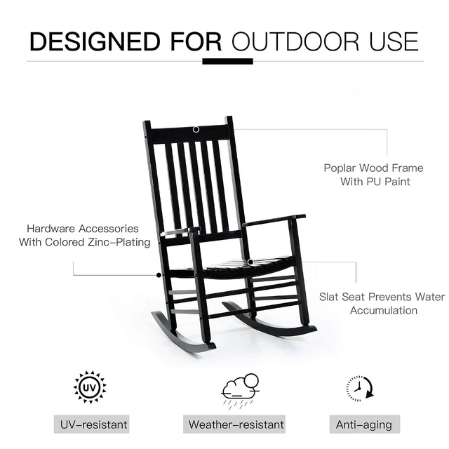Alt view image 6 of 7 - Outdoor Rocking Chair High Density Wooden Rockers Black | Patio Rocking Chair, Smooth Curves, for Lawn Garden Porch, Supports Up to 350lbs
