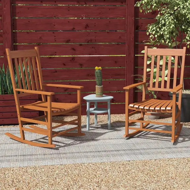 Alt view image 2 of 7 - Outdoor Rocking Chair Set of 2 High Density Wooden Rocker Teak | Patio Rocking Chair, Smooth Curves, for Lawn Garden Porch, Supports Up to 350lbs