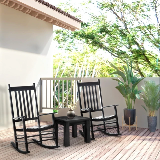 Alt view image 7 of 7 - Outdoor Rocking Chair High Density Wooden Rockers Black | Patio Rocking Chair, Smooth Curves, for Lawn Garden Porch, Supports Up to 350lbs