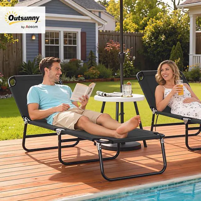 Alt view image 2 of 7 - Folding Chaise Lounge Chair with 5-Level Back, Black | Pool Sun Tanning Chairs, Breathable Mesh Seat, Headrest, for Pool, Beach, Yard, Patio, Outside