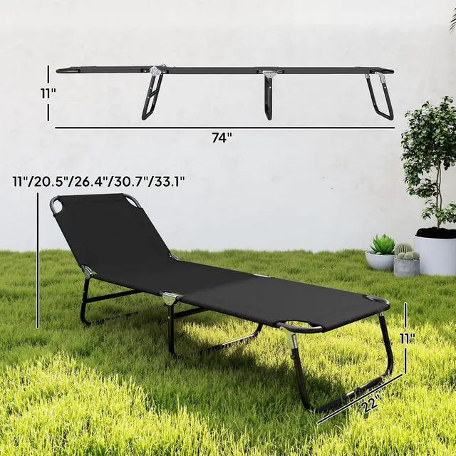 Alt view image 3 of 7 - Folding Chaise Lounge Chair with 5-Level Back, Black | Pool Sun Tanning Chairs, Breathable Mesh Seat, Headrest, for Pool, Beach, Yard, Patio, Outside