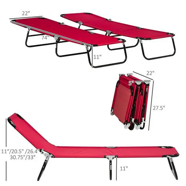 Alt view image 3 of 7 - 2 Pieces Folding Chaise Lounge Chair with 5-Level Back, Red | Pool Sun Tanning Chairs, Breathable Mesh Seat, Headrest, for Pool, Beach, Yard, Patio, Outside