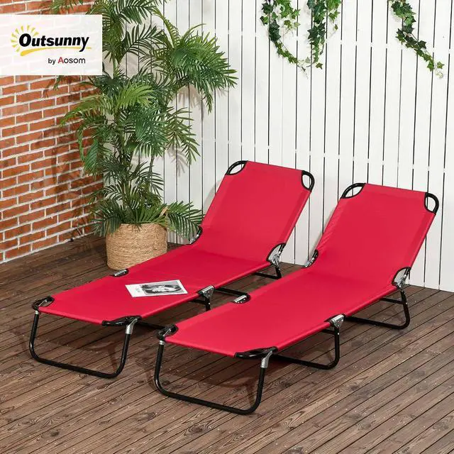 Alt view image 2 of 7 - 2 Pieces Folding Chaise Lounge Chair with 5-Level Back, Red | Pool Sun Tanning Chairs, Breathable Mesh Seat, Headrest, for Pool, Beach, Yard, Patio, Outside