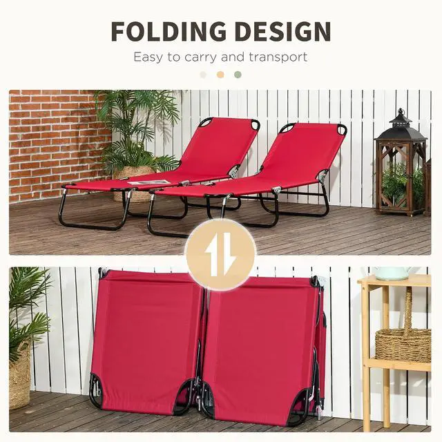 Alt view image 5 of 7 - 2 Pieces Folding Chaise Lounge Chair with 5-Level Back, Red | Pool Sun Tanning Chairs, Breathable Mesh Seat, Headrest, for Pool, Beach, Yard, Patio, Outside
