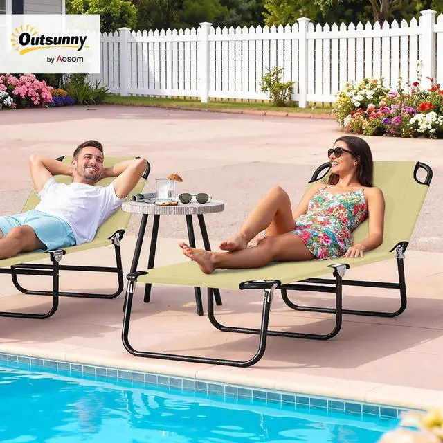 Alt view image 2 of 7 - Folding Chaise Lounge Chair with 5-Level Back, Beige | Pool Sun Tanning Chairs, Breathable Mesh Seat, Headrest, for Pool, Beach, Yard, Patio, Outside