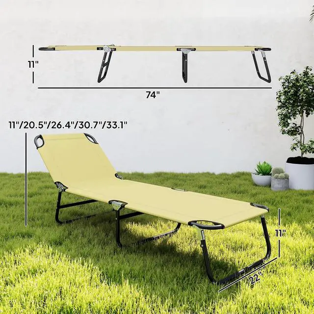 Alt view image 3 of 7 - Folding Chaise Lounge Chair with 5-Level Back, Beige | Pool Sun Tanning Chairs, Breathable Mesh Seat, Headrest, for Pool, Beach, Yard, Patio, Outside