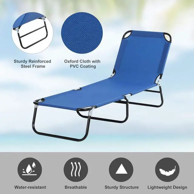 Alt view image 5 of 7 - Folding Chaise Lounge Chair with 5-Level Back, Blue | Pool Sun Tanning Chairs, Breathable Mesh Seat, Headrest, for Pool, Beach, Yard, Patio, Outside