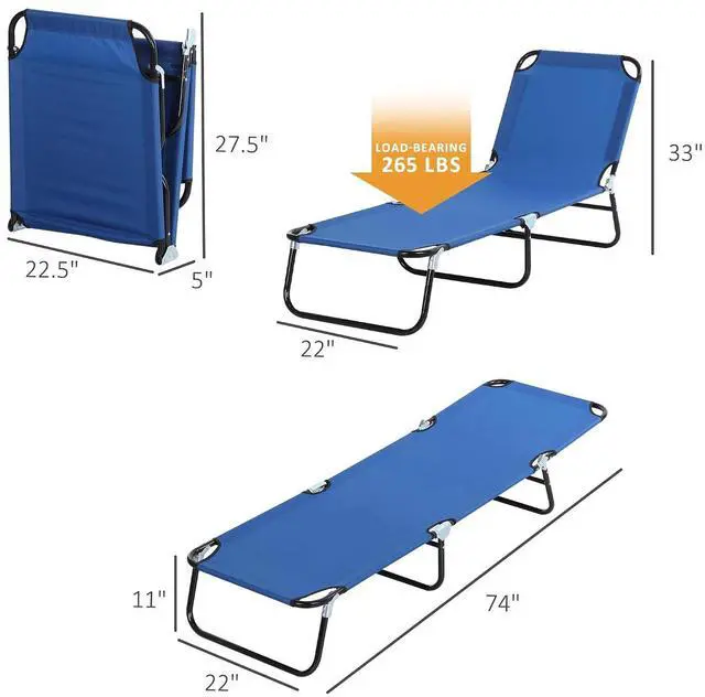 Alt view image 3 of 7 - Folding Chaise Lounge Chair with 5-Level Back, Blue | Pool Sun Tanning Chairs, Breathable Mesh Seat, Headrest, for Pool, Beach, Yard, Patio, Outside