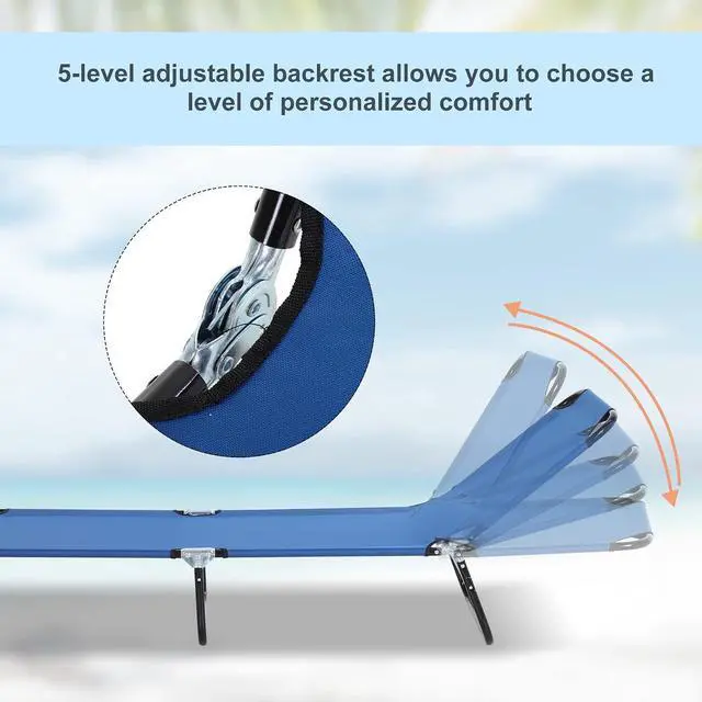 Alt view image 4 of 7 - Folding Chaise Lounge Chair with 5-Level Back, Blue | Pool Sun Tanning Chairs, Breathable Mesh Seat, Headrest, for Pool, Beach, Yard, Patio, Outside