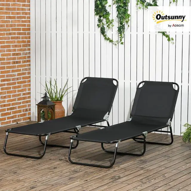 Alt view image 2 of 7 - 2 Pieces Folding Chaise Lounge Chair with 5-Level Back, Black | Pool Sun Tanning Chairs, Breathable Mesh Seat, Headrest, for Pool, Beach, Yard, Patio, Outside