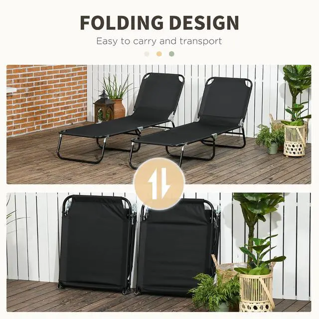 Alt view image 5 of 7 - 2 Pieces Folding Chaise Lounge Chair with 5-Level Back, Black | Pool Sun Tanning Chairs, Breathable Mesh Seat, Headrest, for Pool, Beach, Yard, Patio, Outside