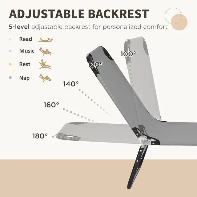 Alt view image 4 of 7 - 2 Pieces Folding Chaise Lounge Chair with 5-Level Back, Dark Gray | Pool Sun Tanning Chairs, Breathable Mesh Seat, Headrest, for Pool, Beach, Yard, Patio, Outside
