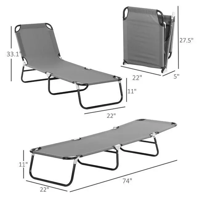 Alt view image 3 of 7 - 2 Pieces Folding Chaise Lounge Chair with 5-Level Back, Dark Gray | Pool Sun Tanning Chairs, Breathable Mesh Seat, Headrest, for Pool, Beach, Yard, Patio, Outside