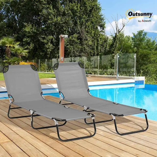 Alt view image 2 of 7 - 2 Pieces Folding Chaise Lounge Chair with 5-Level Back, Dark Gray | Pool Sun Tanning Chairs, Breathable Mesh Seat, Headrest, for Pool, Beach, Yard, Patio, Outside